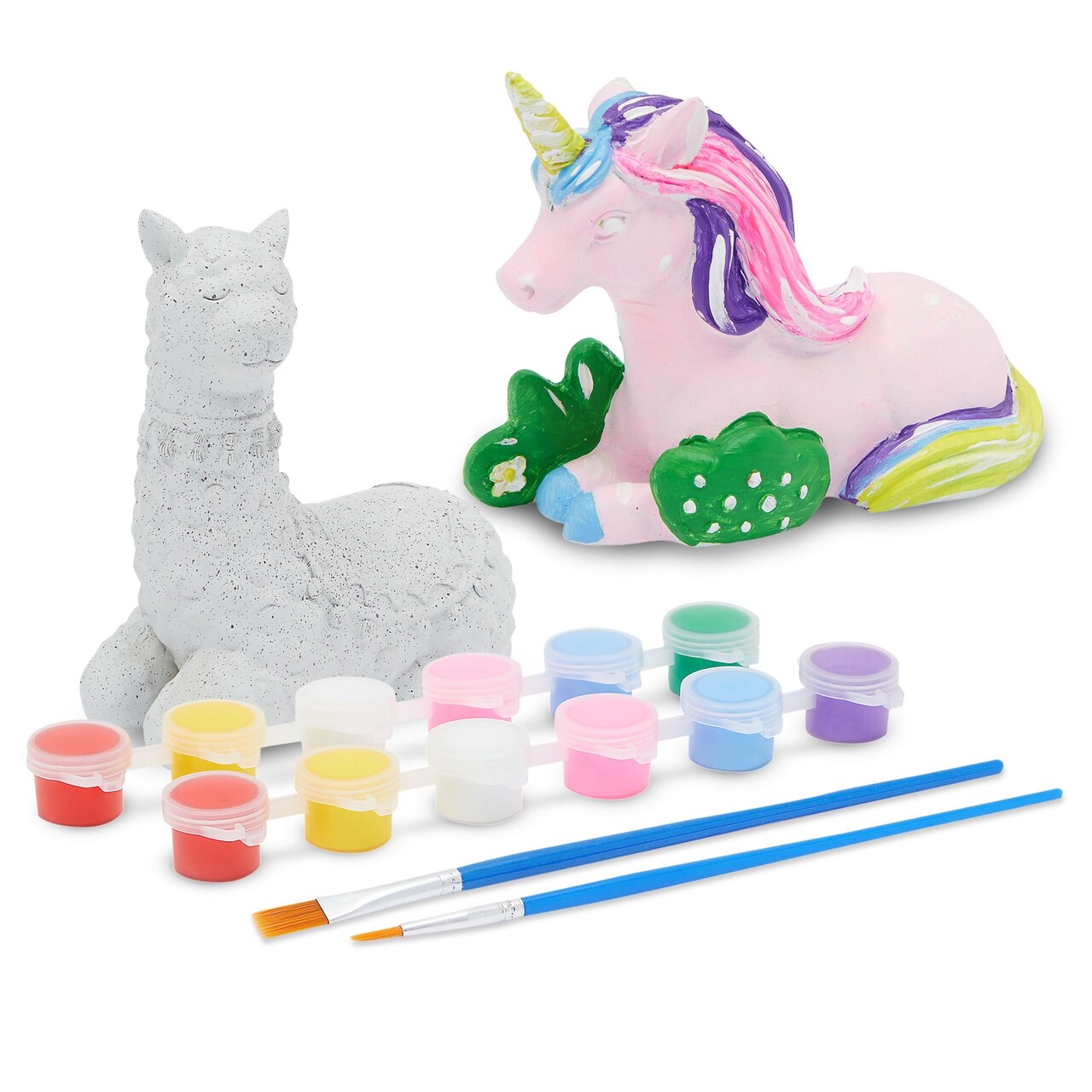 Unicorn and Llama Ceramic Painting Kit for Kids with 3ml Paint Pod Strips,  2 Brushes and 2 Figures